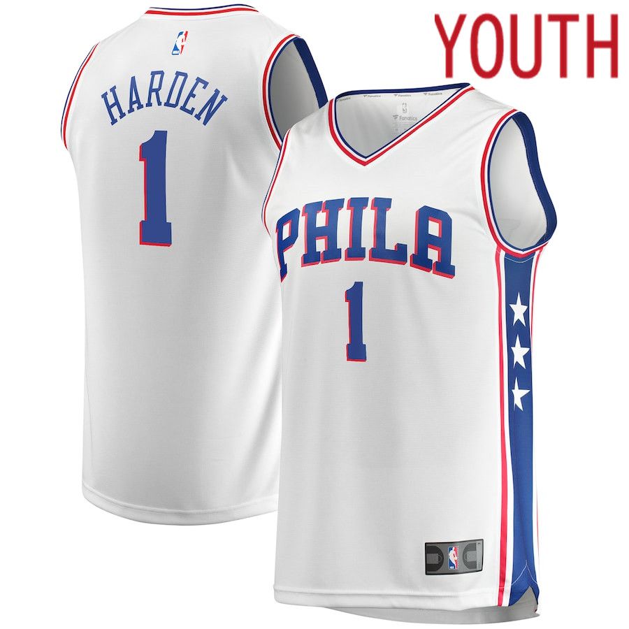 Youth Philadelphia 76ers #1 James Harden Fanatics Branded White Association Edition 2021-22 Fast Break Replica Player NBA Jersey->youth nba jersey->Youth Jersey
